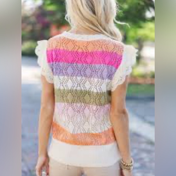 🧡 BIBI Colorful Crochet Knit Top with Ruffle Sleeves - Picture 2 of 2